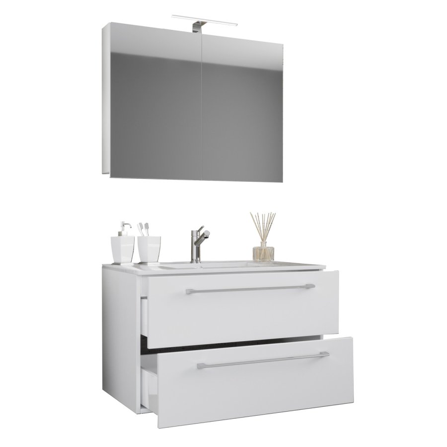 Sentas baderomsmbelsett - speilglass, keramikk og hvit melamin