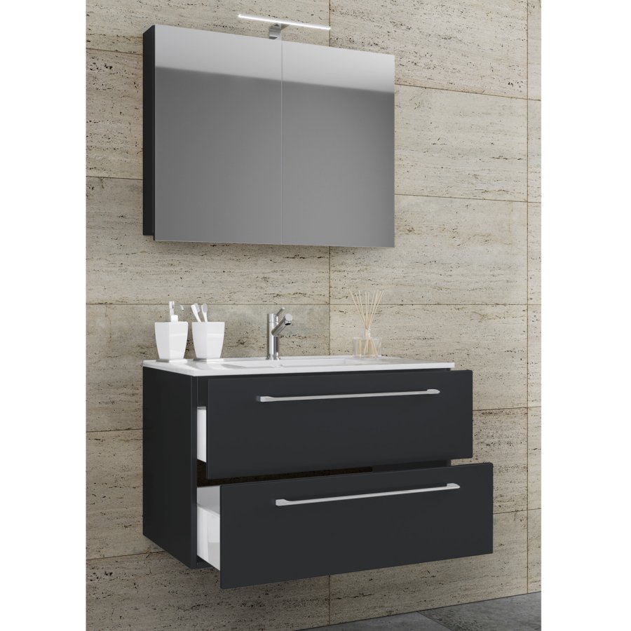 Sentas baderomsmbelsett - speilglass, keramikk og sort melamin