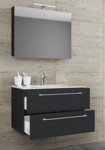 Sentas baderomsmbelsett - speilglass, keramikk og sort melamin