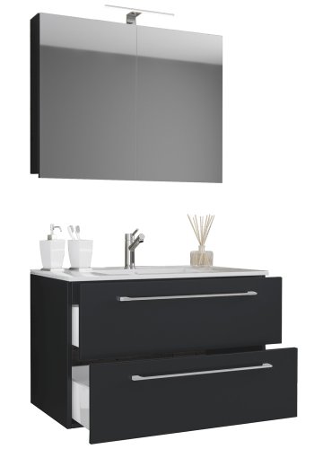 Sentas baderomsmbelsett - speilglass, keramikk og sort melamin