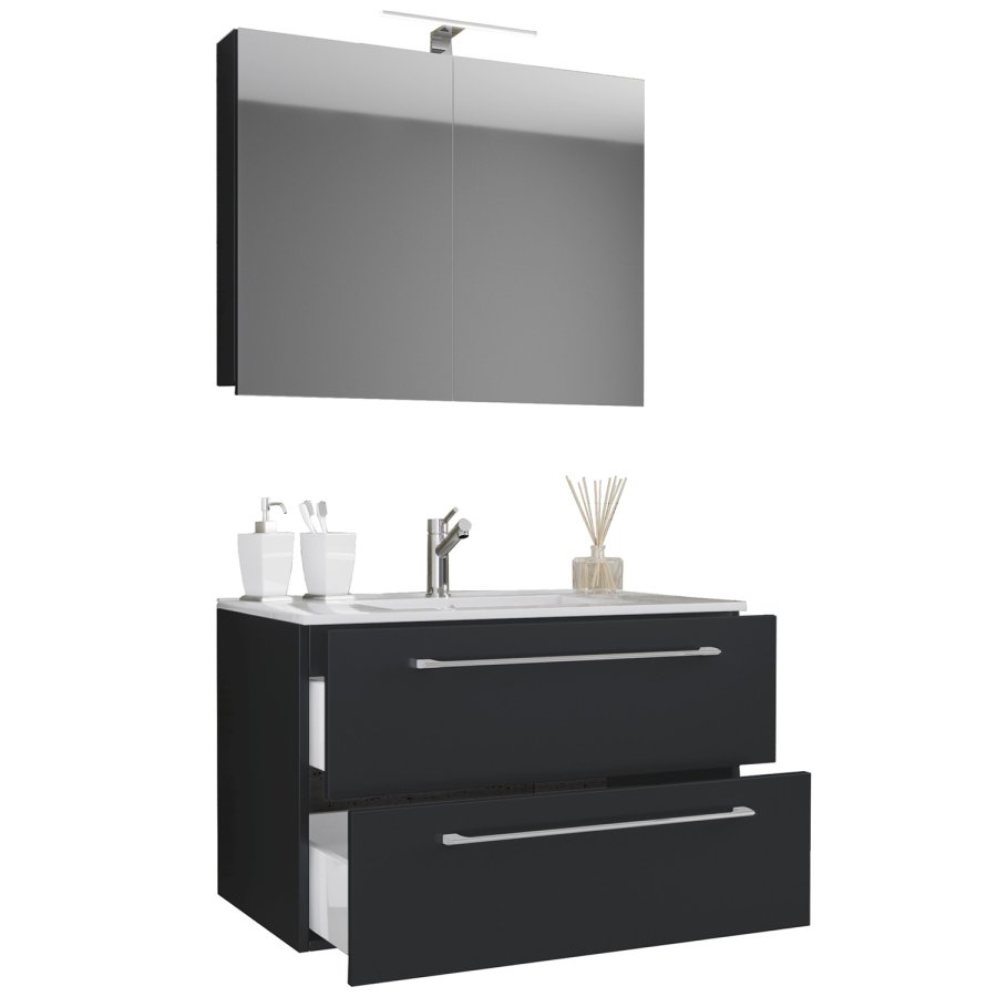 Sentas baderomsmbelsett - speilglass, keramikk og sort melamin