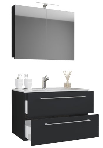 Sentas baderomsmbelsett - speilglass, keramikk og sort melamin