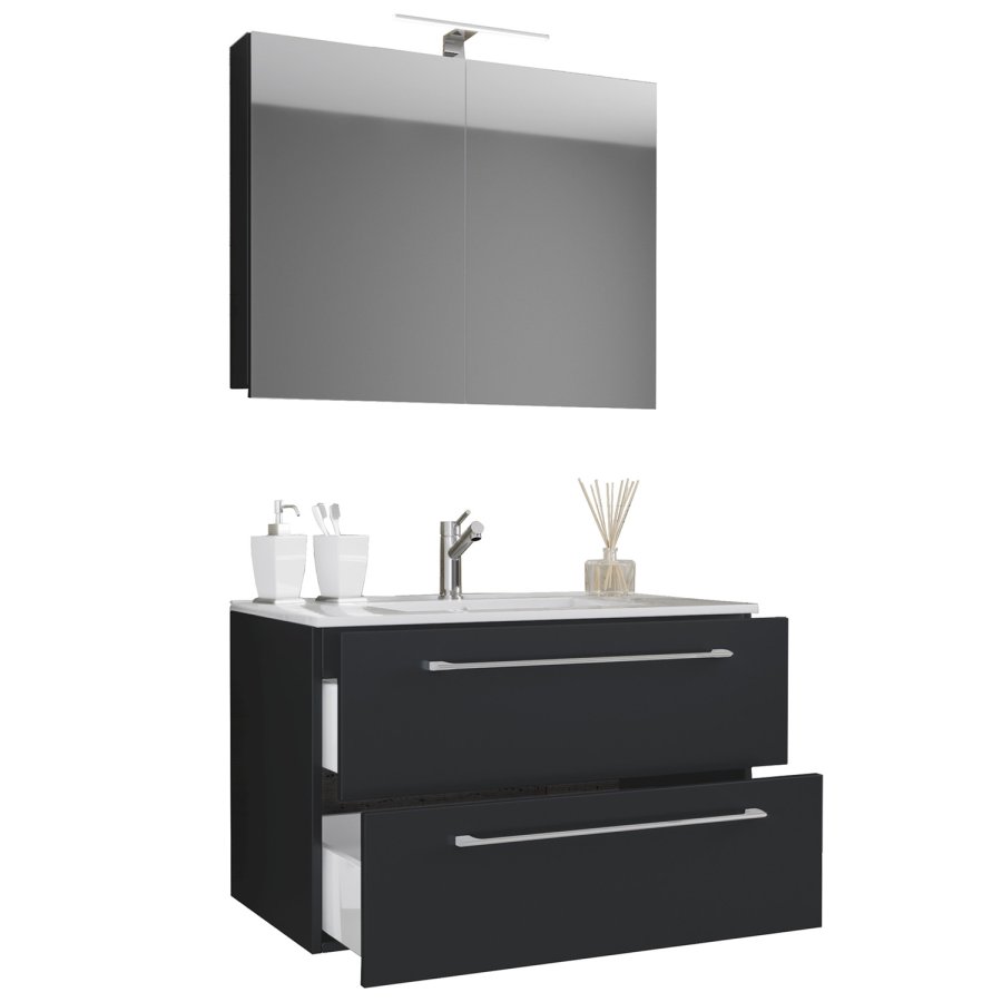 Sentas baderomsmbelsett - speilglass, keramikk og sort melamin