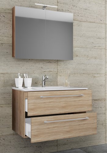 Sentas baderomsmbelsett - speilglass, keramikk og naturlig melamin