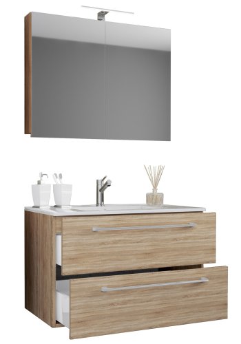 Sentas baderomsmbelsett - speilglass, keramikk og naturlig melamin