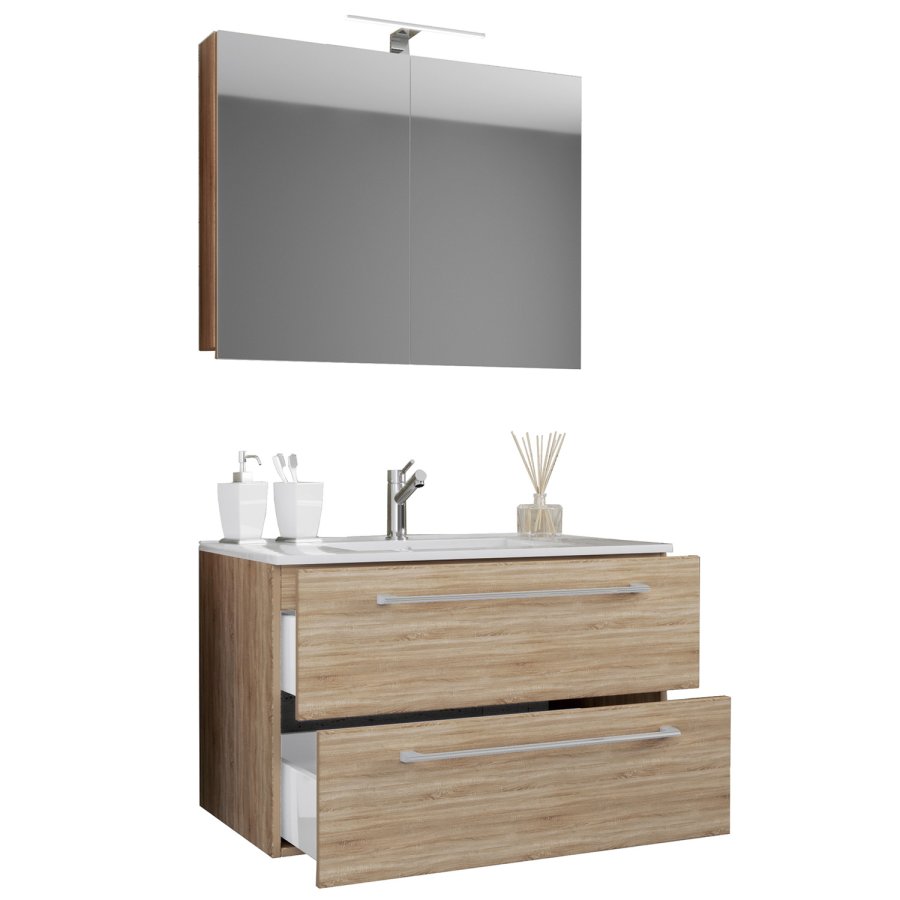 Sentas baderomsmbelsett - speilglass, keramikk og naturlig melamin