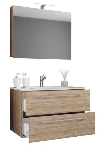 Sentas baderomsmbelsett - speilglass, keramikk og naturlig melamin