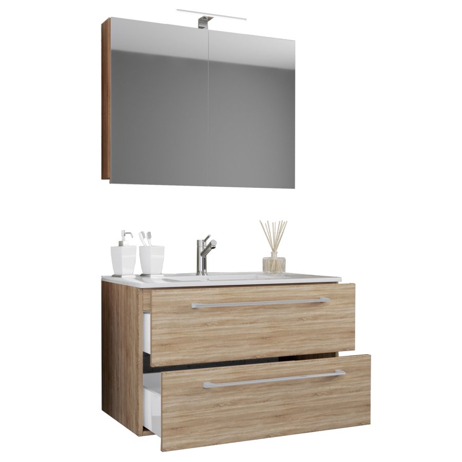 Sentas baderomsmbelsett - speilglass, keramikk og naturlig melamin