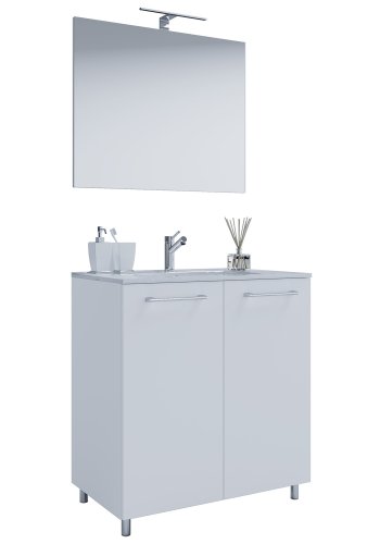 Sentas baderomsmbelsett, med ben - speilglass, keramikk og hvit melamin