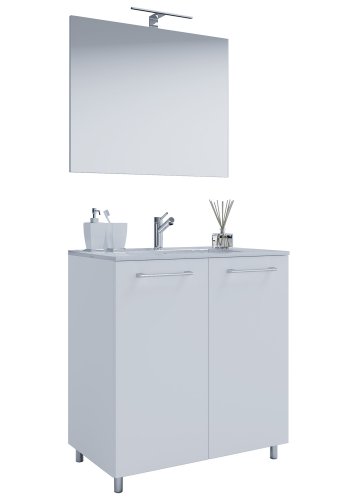 Sentas baderomsmbelsett, med ben - speilglass, keramikk og hvit melamin