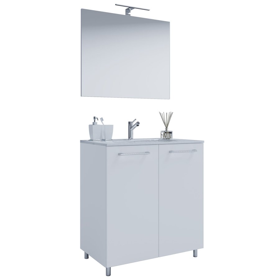 Sentas baderomsmbelsett, med ben - speilglass, keramikk og hvit melamin