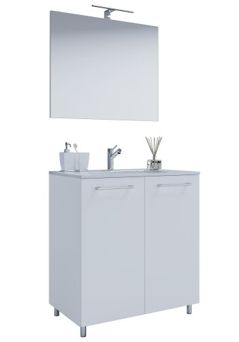 Sentas baderomsmbelsett, med ben - speilglass, keramikk og hvit melamin