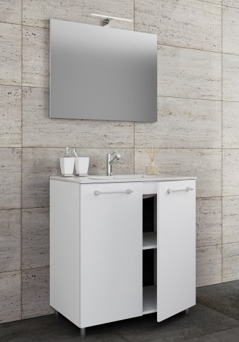 Sentas baderomsmbelsett, med ben - speilglass, keramikk og hvit melamin