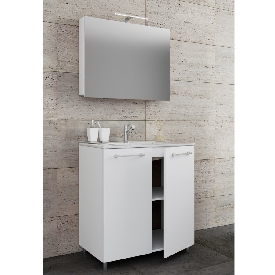 Sentas baderomsmbelsett, med ben - speilglass, keramikk og hvit melamin