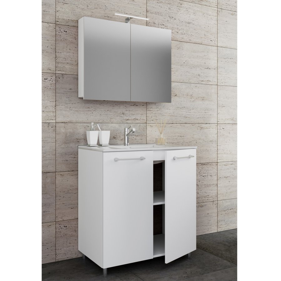 Sentas baderomsmbelsett, med ben - speilglass, keramikk og hvit melamin