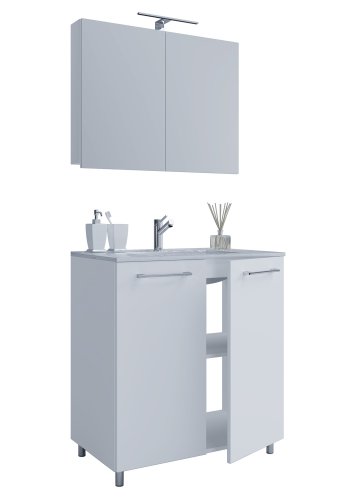 Sentas baderomsmbelsett, med ben - speilglass, keramikk og hvit melamin