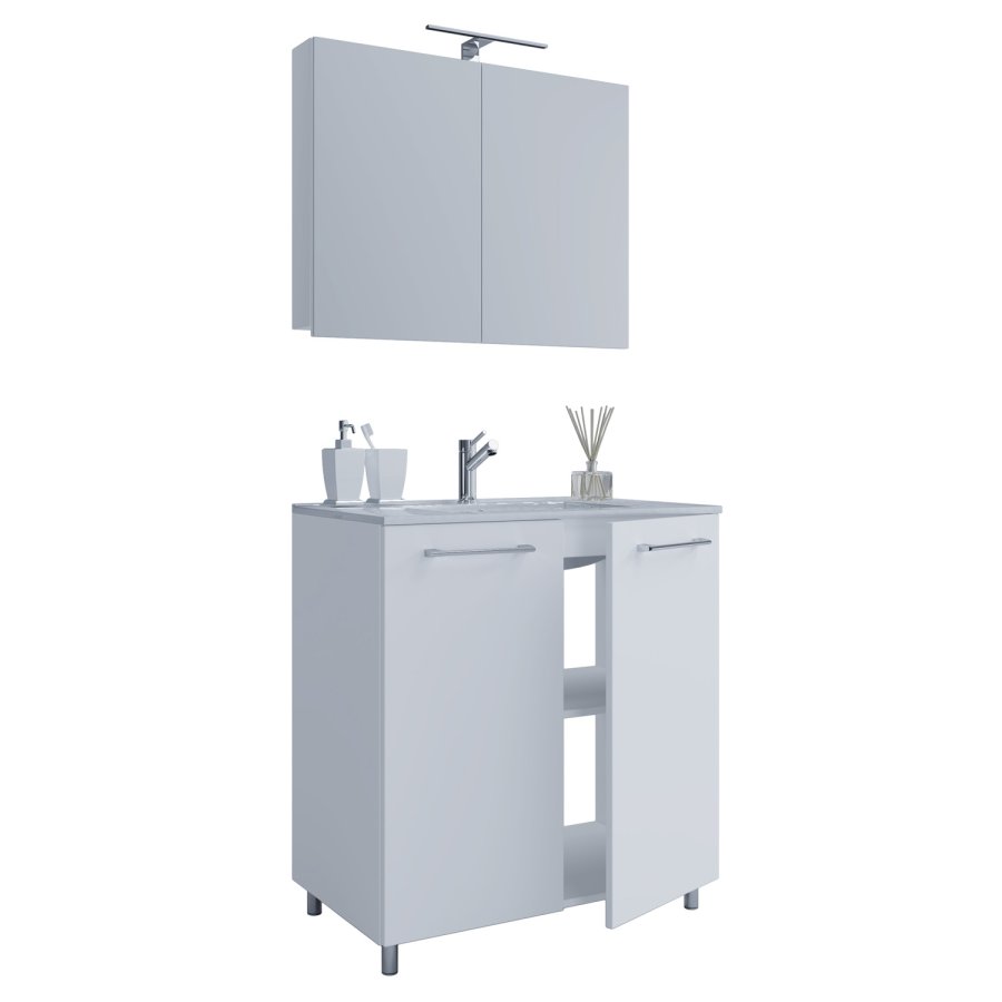 Sentas baderomsmbelsett, med ben - speilglass, keramikk og hvit melamin