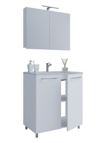 Sentas baderomsmbelsett, med ben - speilglass, keramikk og hvit melamin