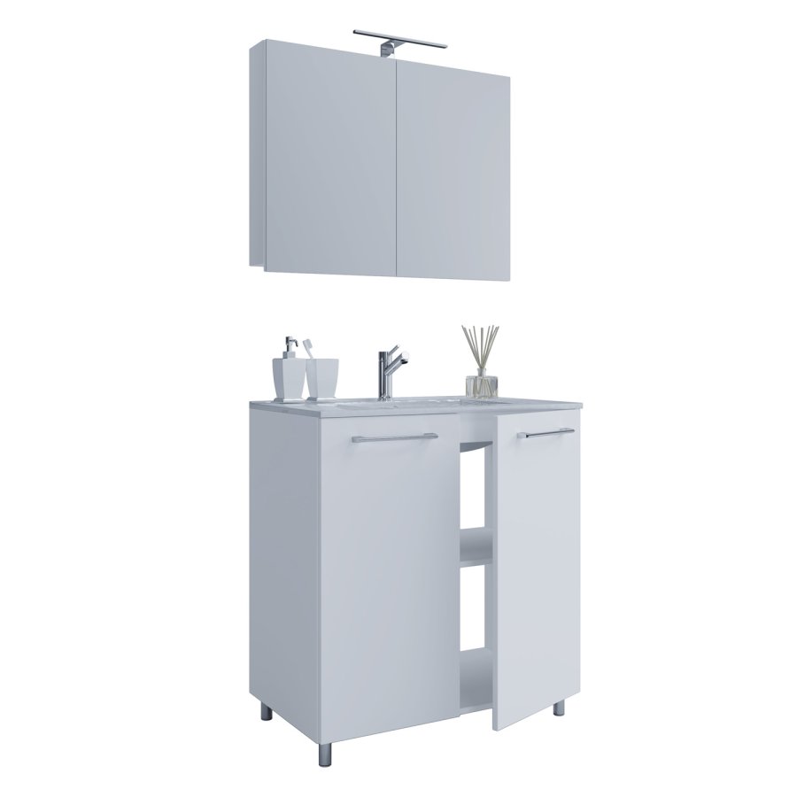 Sentas baderomsmbelsett, med ben - speilglass, keramikk og hvit melamin