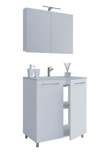 Sentas baderomsmbelsett, med ben - speilglass, keramikk og hvit melamin