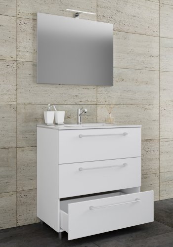 Sentas baderomsmbelsett, med ben - speilglass, keramikk og hvit melamin