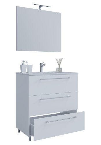 Sentas baderomsmbelsett, med ben - speilglass, keramikk og hvit melamin