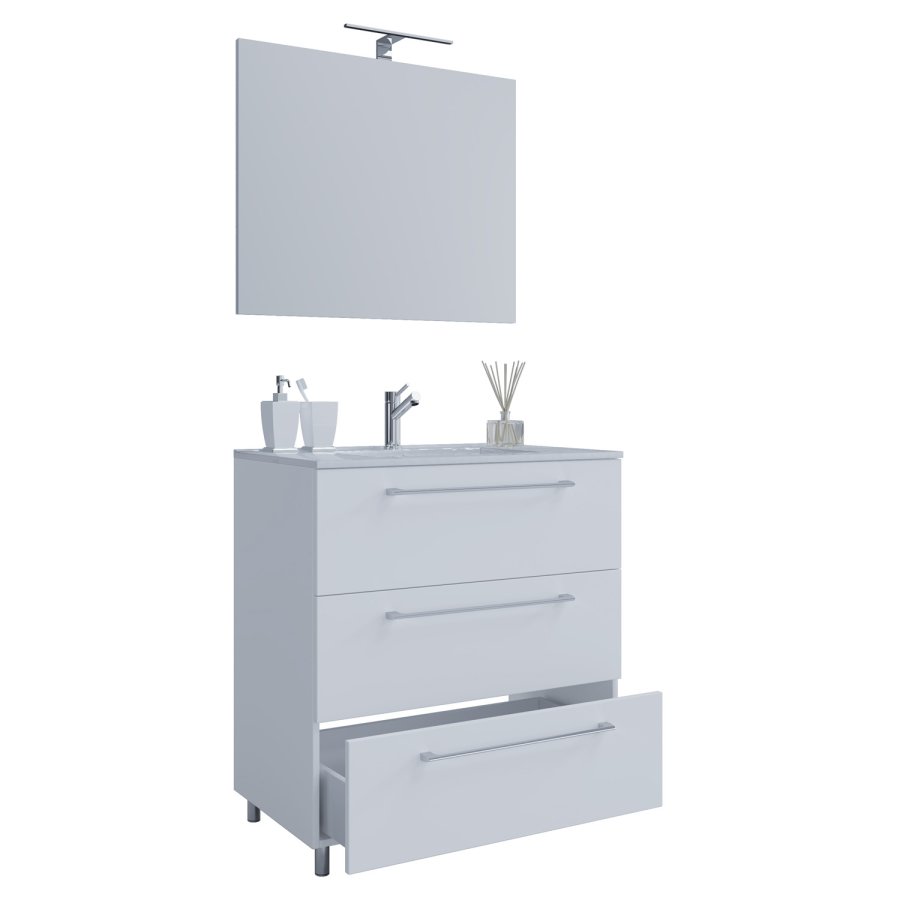 Sentas baderomsmbelsett, med ben - speilglass, keramikk og hvit melamin