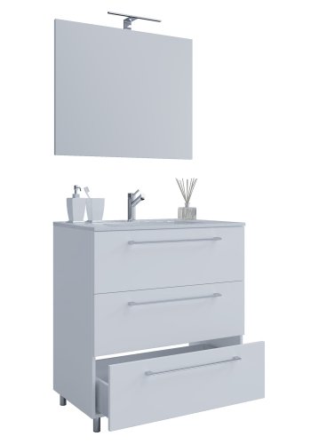 Sentas baderomsmbelsett, med ben - speilglass, keramikk og hvit melamin