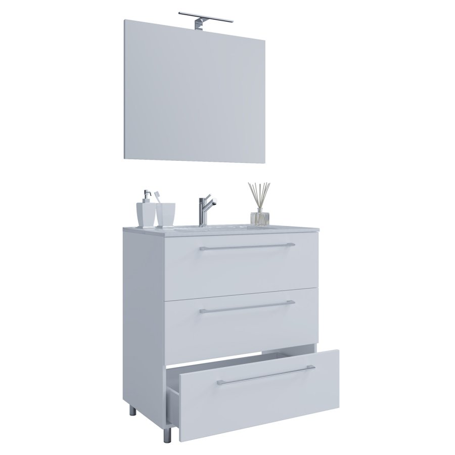 Sentas baderomsmbelsett, med ben - speilglass, keramikk og hvit melamin