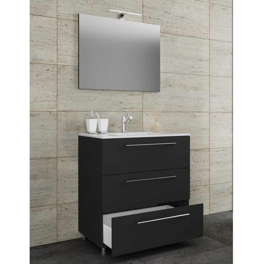 Sentas baderomsmbelsett, med ben - speilglass, keramikk og sort melamin