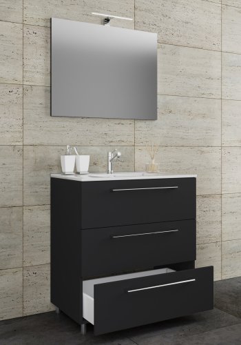 Sentas baderomsmbelsett, med ben - speilglass, keramikk og sort melamin