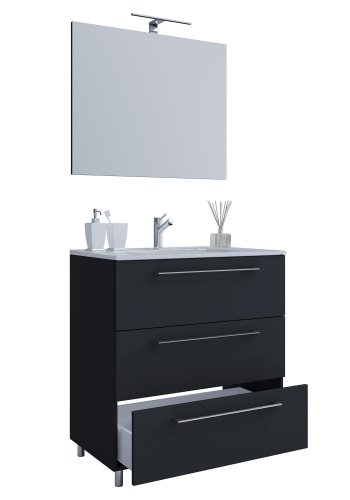 Sentas baderomsmbelsett, med ben - speilglass, keramikk og sort melamin