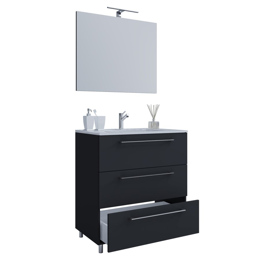 Sentas baderomsmbelsett, med ben - speilglass, keramikk og sort melamin