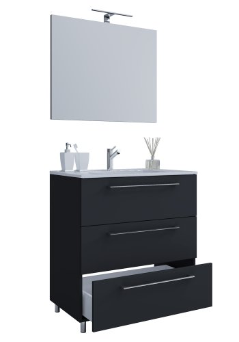 Sentas baderomsmbelsett, med ben - speilglass, keramikk og sort melamin