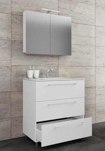 Sentas baderomsmbelsett, med ben - speilglass, keramikk og hvit melamin