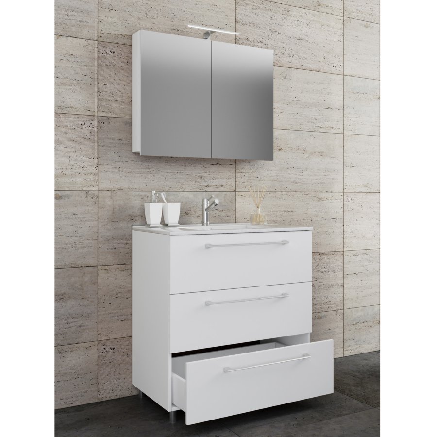 Sentas baderomsmbelsett, med ben - speilglass, keramikk og hvit melamin