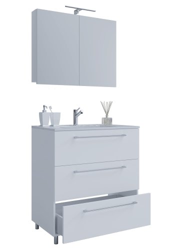 Sentas baderomsmbelsett, med ben - speilglass, keramikk og hvit melamin