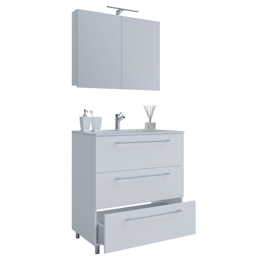 Sentas baderomsmbelsett, med ben - speilglass, keramikk og hvit melamin