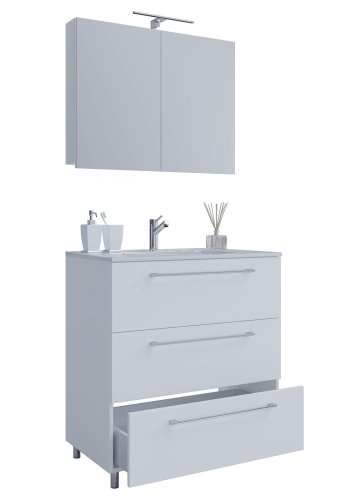 Sentas baderomsmbelsett, med ben - speilglass, keramikk og hvit melamin