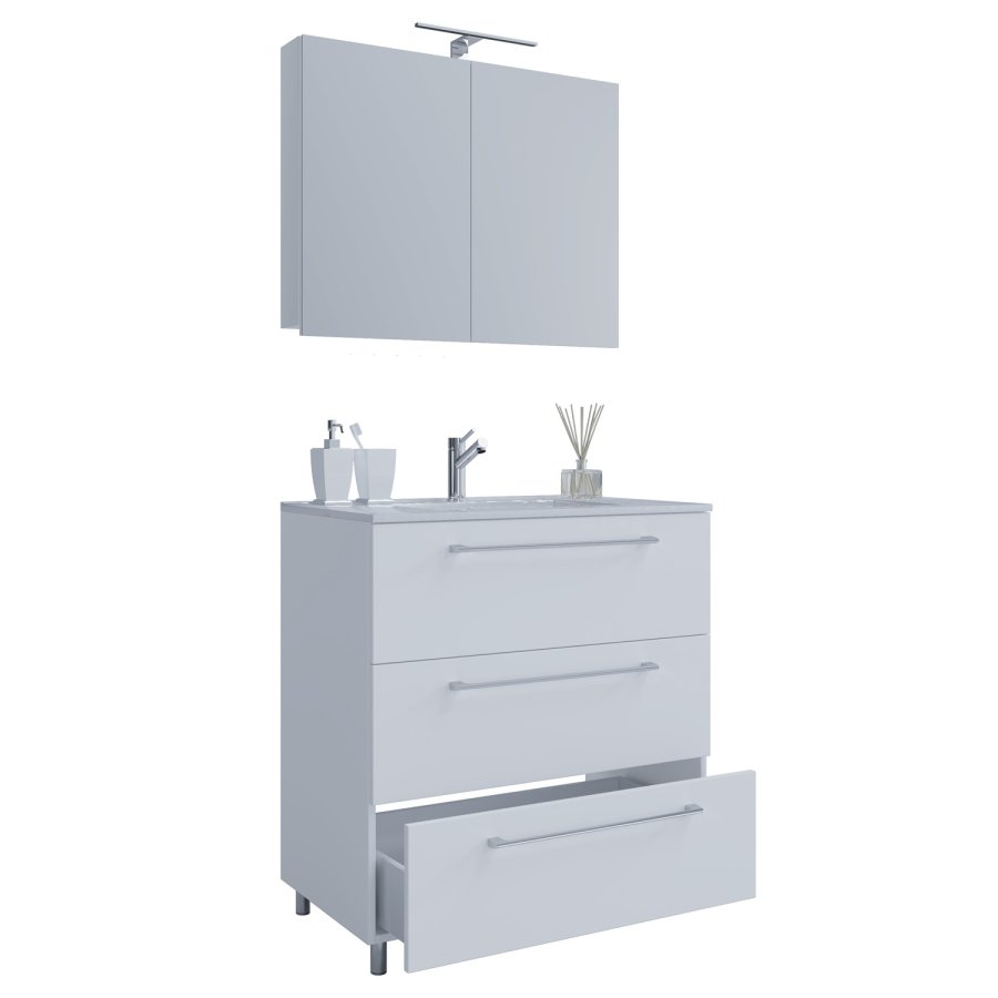 Sentas baderomsmbelsett, med ben - speilglass, keramikk og hvit melamin