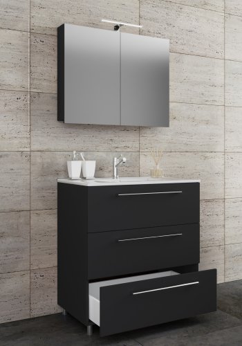 Sentas baderomsmbelsett, med ben - speilglass, keramikk og sort melamin