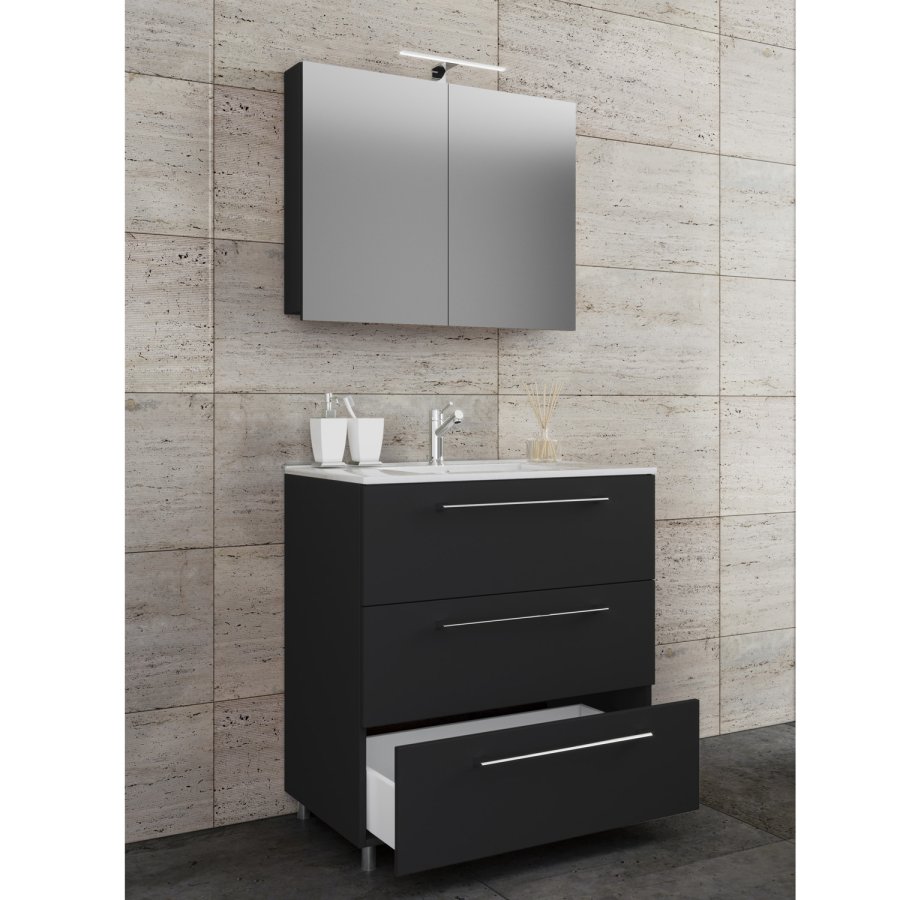 Sentas baderomsmbelsett, med ben - speilglass, keramikk og sort melamin