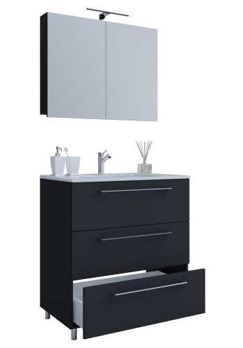 Sentas baderomsmbelsett, med ben - speilglass, keramikk og sort melamin