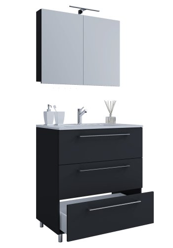 Sentas baderomsmbelsett, med ben - speilglass, keramikk og sort melamin