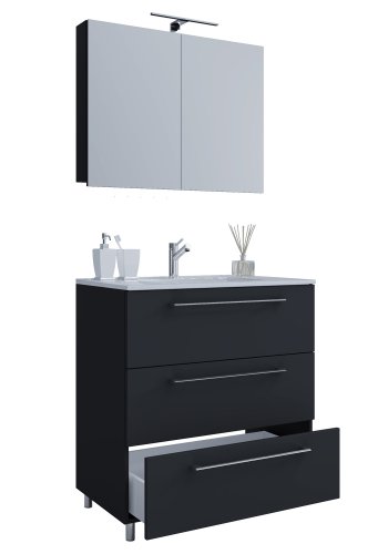 Sentas baderomsmbelsett, med ben - speilglass, keramikk og sort melamin