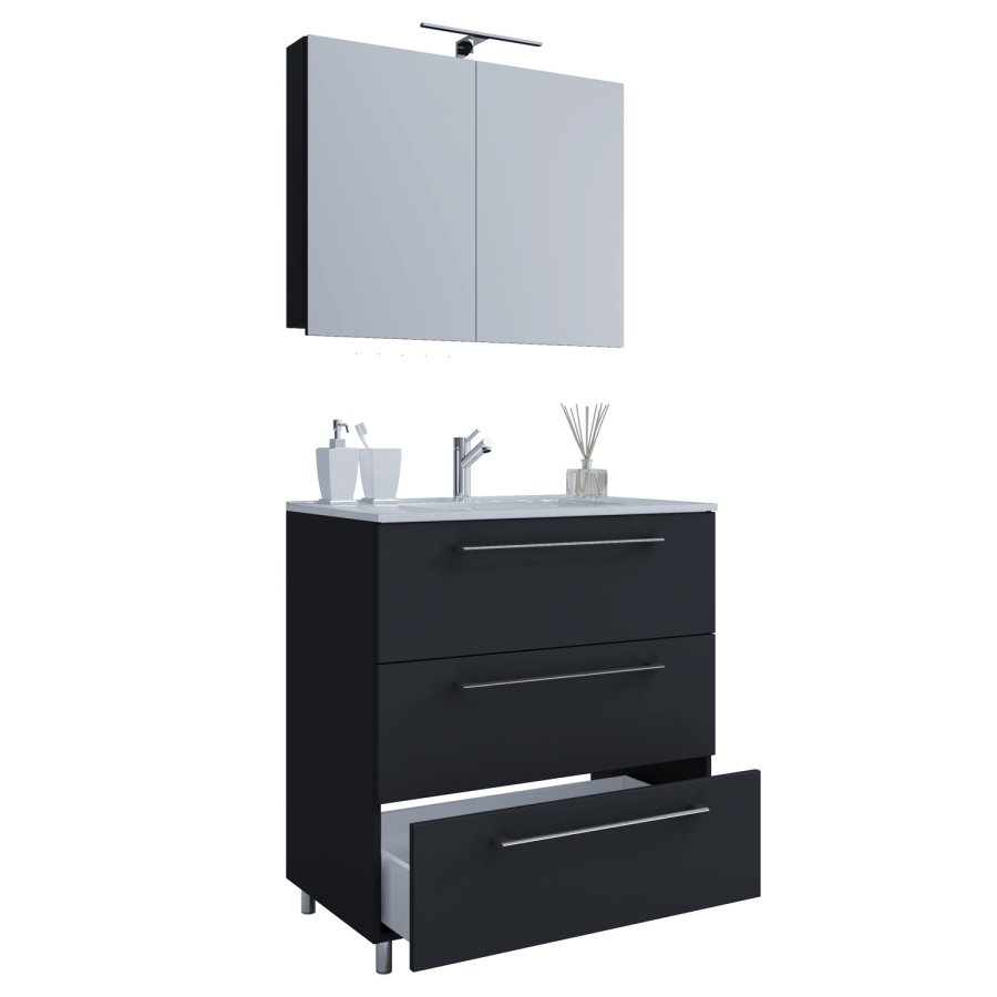 Sentas baderomsmbelsett, med ben - speilglass, keramikk og sort melamin