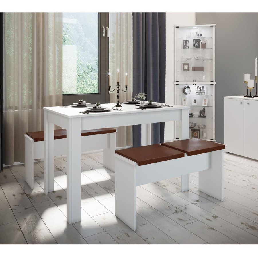 Esal XXL spisebordsett, m. 2 benker, uten puter - hvitt tre (110x70)