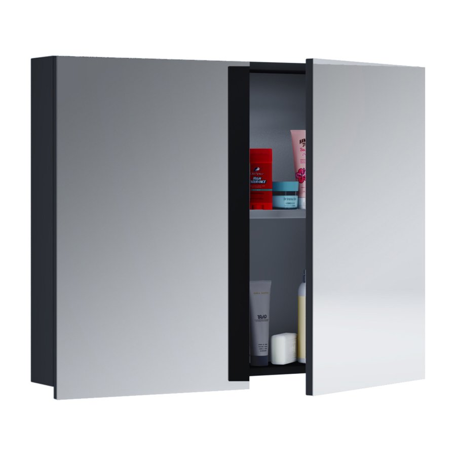 VCM NORDIC 1 Spiegelschrank Hängeschrank, m. 2 Türen und 1 Einlegeboden - Spiegelglas und schwarzes Melamin 