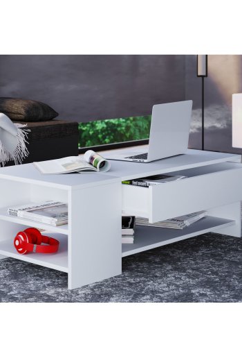 Tindus sofabord, m. 3 hyller og 1 skuff - hvitt tre