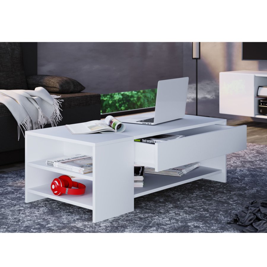 Tindus sofabord, m. 3 hyller og 1 skuff - hvitt tre